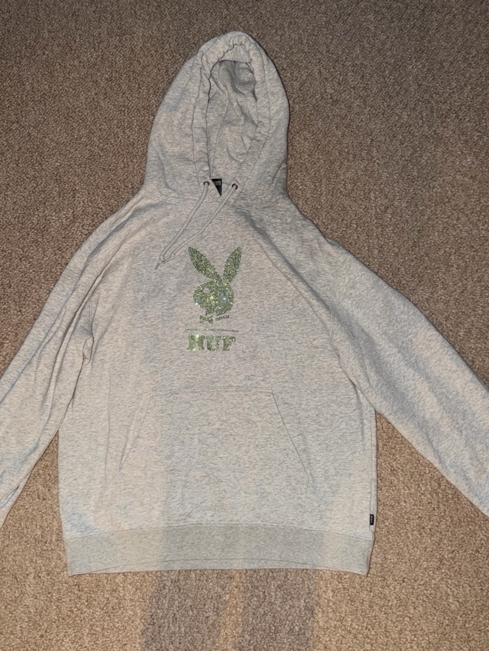 HUF Light Gray Crewneck with Green Playboy Bunny Logo
